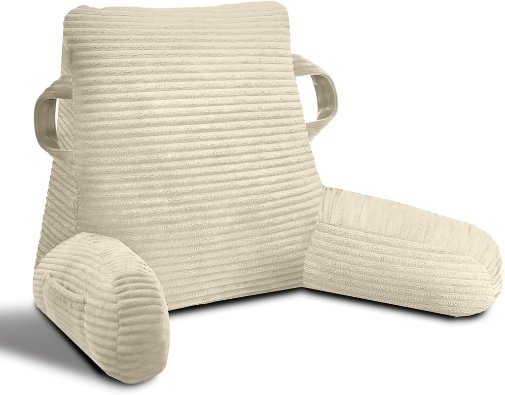 Reading Pillow for Sitting in Bed Adult, Bed Reading Pillow with Shredded Memory Foam, Back Pillow for Sitting with Arms and Pockets, Beige