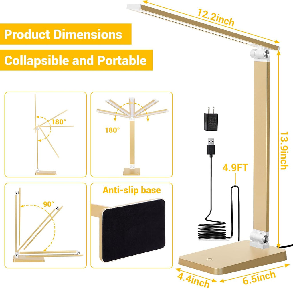 LED Desk Lamp for Home Office, 3 Levels Dimmable Reading Desk Light with USB Charging Port, Desk Accessories Touch Control Table Lamp…