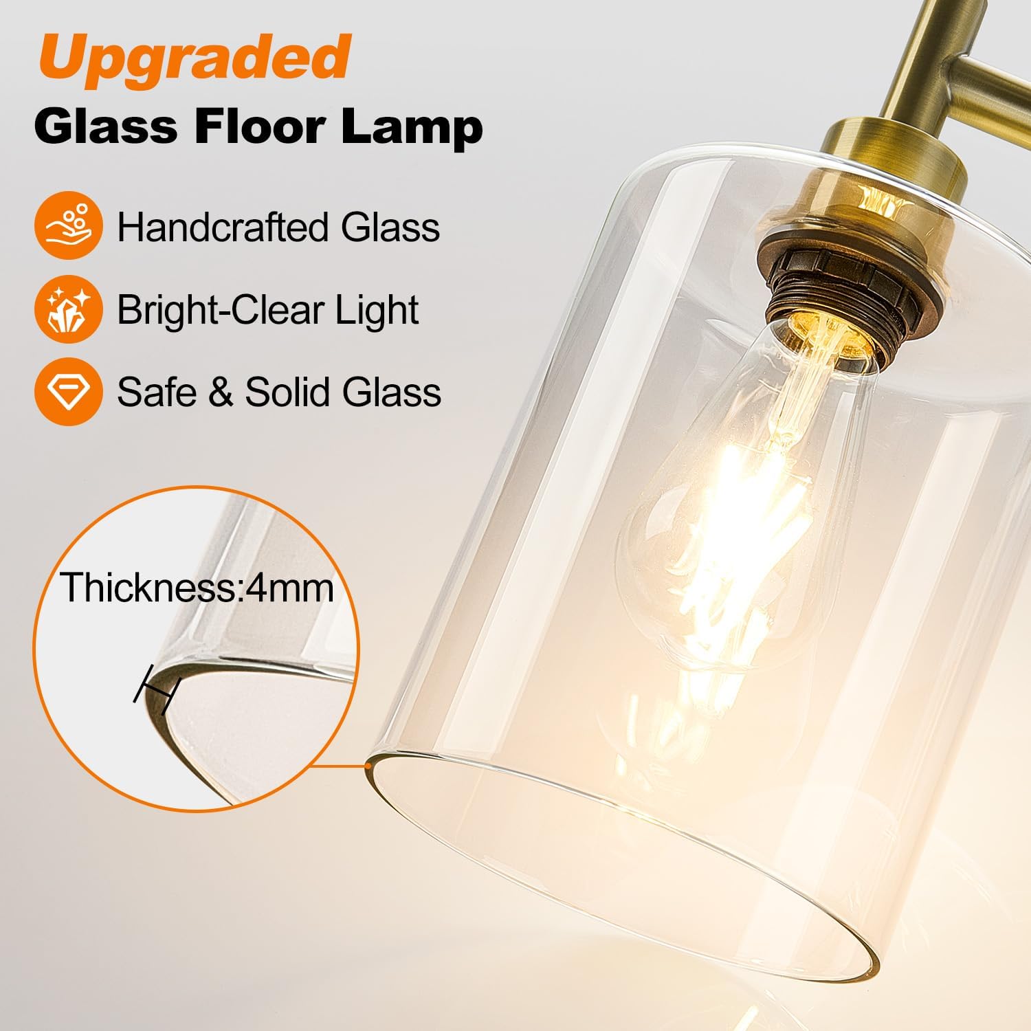 Upgraded】Dimmable Floor Lamp for Living Room with Clear Glass Lampshade, Brass Modern Floor Lamp with 900LM Edison Bulb Included, Bright…