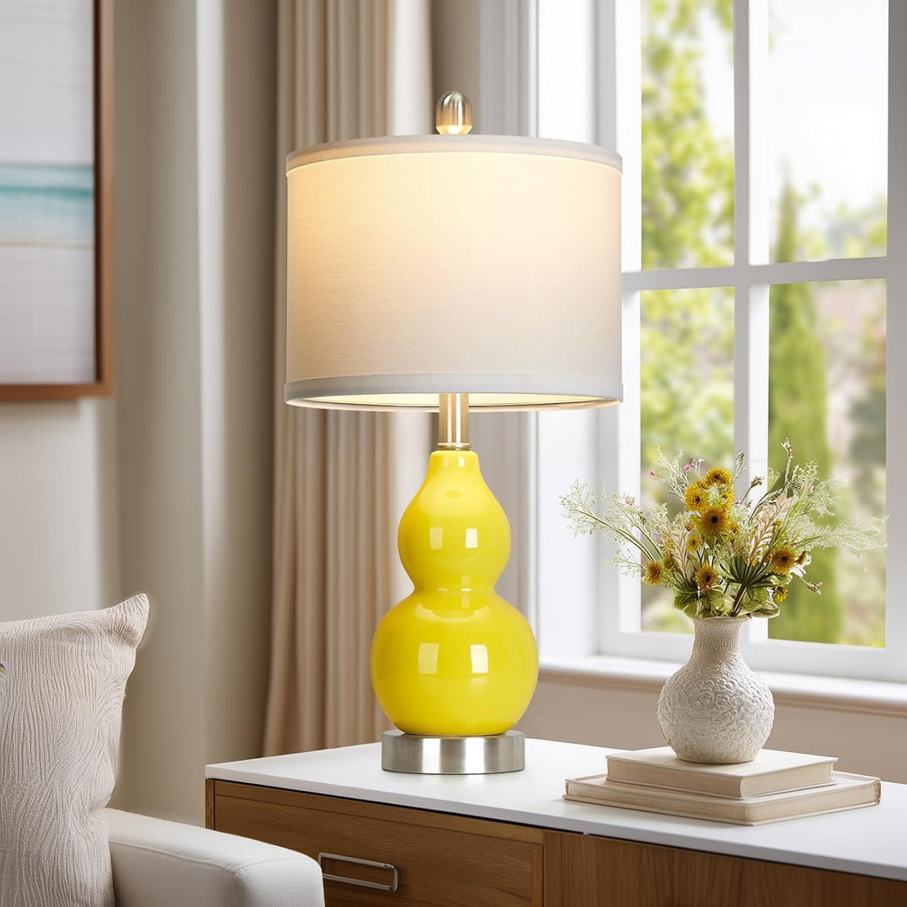 Rinweey Double Gourd Ceramic Table Lamps Set of 2, Modern Yellow Bedside Lamps for Night Stand, Contemporary Nightstand Lamps for Bedroom…
