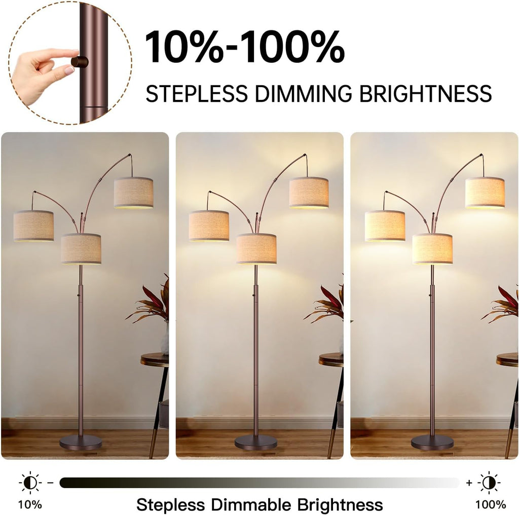 Dimmable Floor Lamp, 3 Lights Brown Arc Floor Lamp, Modern Tall Standing Tree Lamp with Beige Linen Shades & Heavy Base, 3000LM LED…