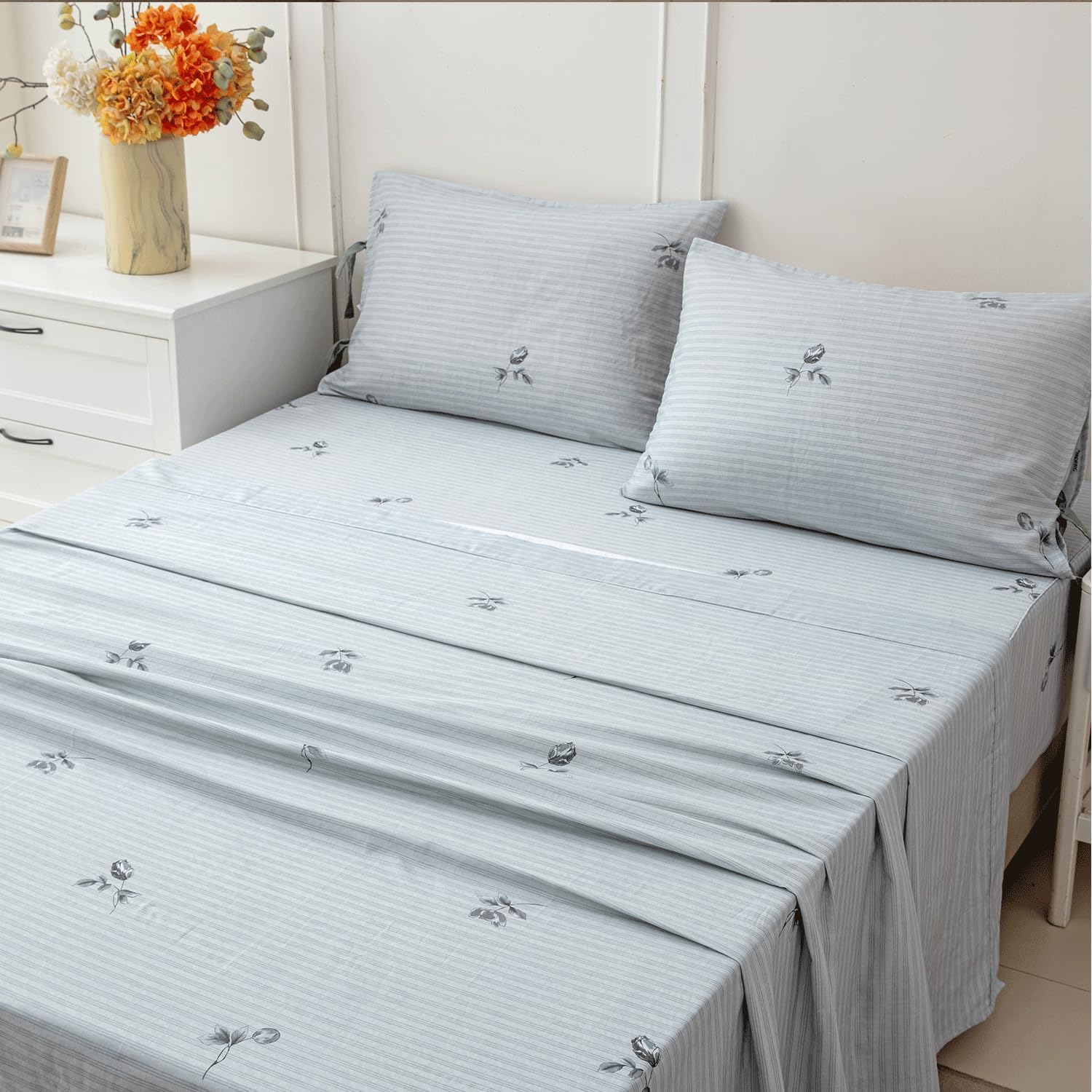 FADFAY 100% Cotton Double Gauze Muslin Sheet Set, Gray Striped Floral Bed Sheets with Bow Tie Detail, Ultra Soft Breathable Cooling…