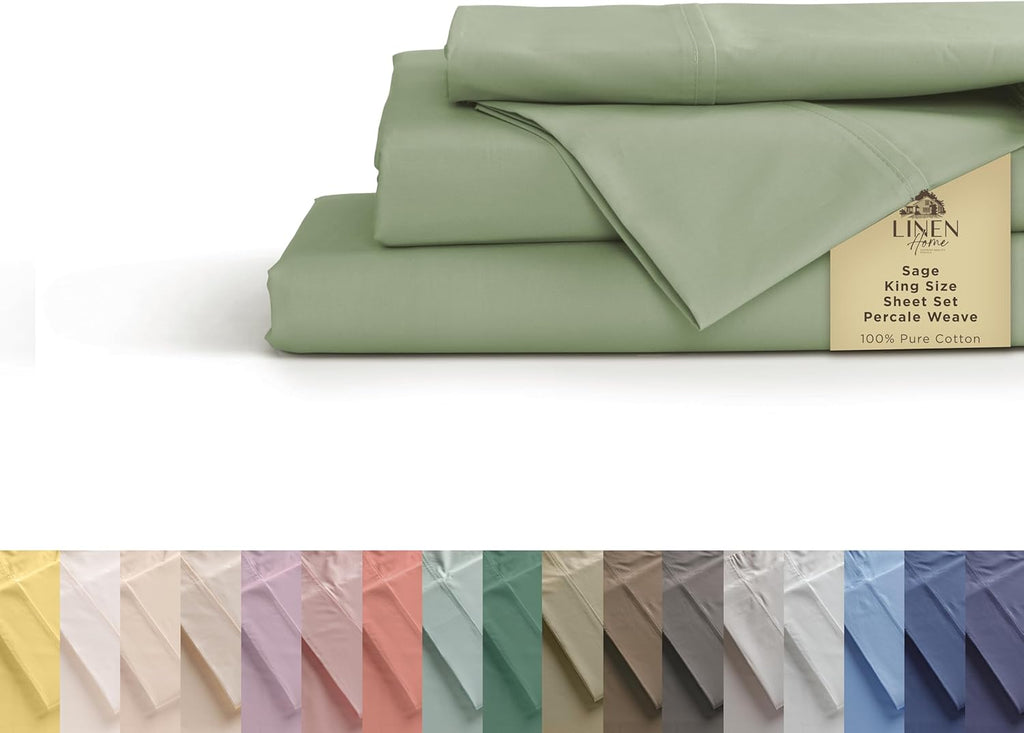 Linen Home 100% Cotton Percale Sheets King Size, Sage, Deep Pocket, 4 Pieces Set - 1 Flat, 1 Deep Pocket Fitted Sheet and 2 Pillowcases…