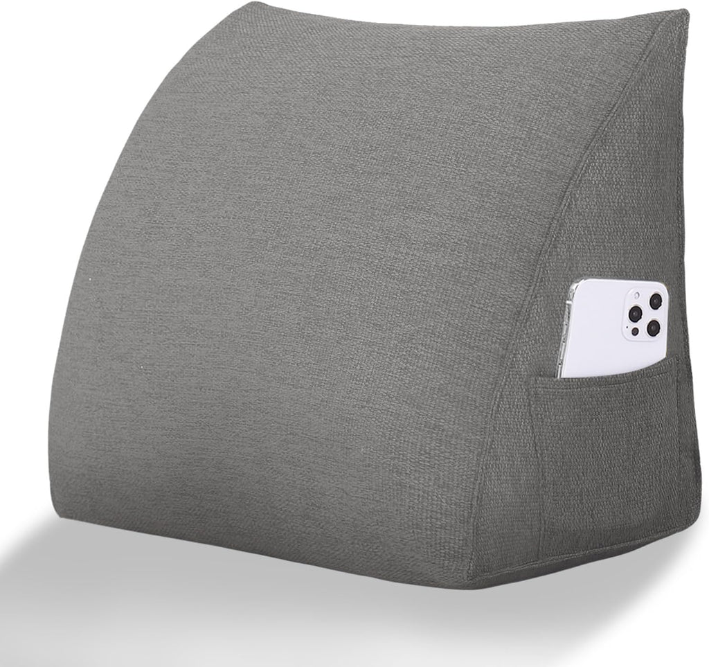 Wedge Headboard Pillow Reading Pillows for Sitting in Bed Adult Backrest Cushion with Removable Cover Side Pockets Sofa Grey Polyester
