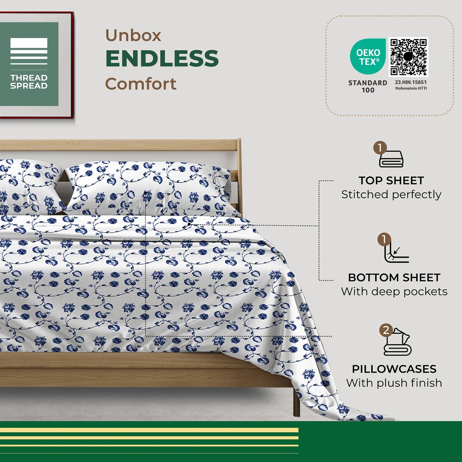 THREAD SPREAD 100% Organic Cotton Sheets Full Size - Organic Cotton Full Size Percale Sheet Set (4 PC, Floral Blue), Soft, Cooling, Crisp…