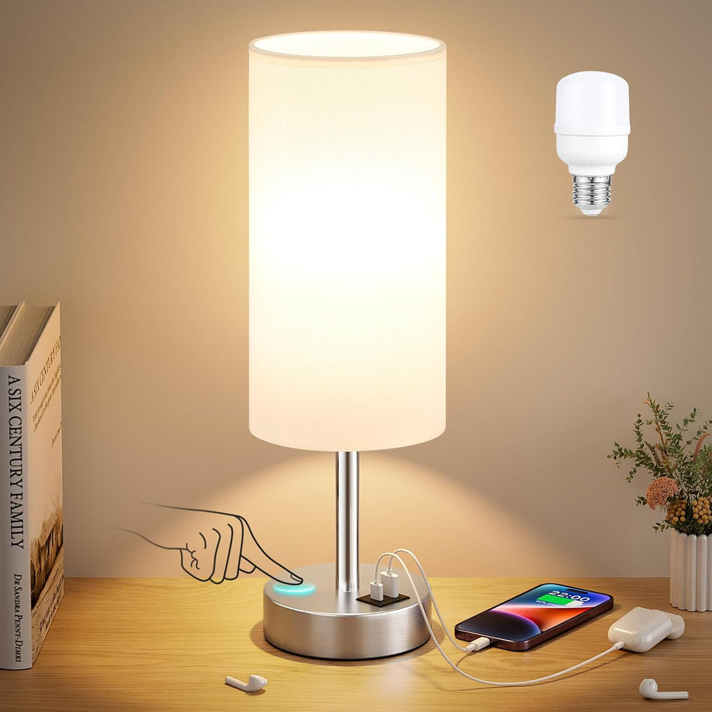 Dicoool White Touch Bedside Lamp with USB - 3 Way Dimmable Table Lamp for Bedroom, Nightstand Lamp with Nickel Charging Station and…
