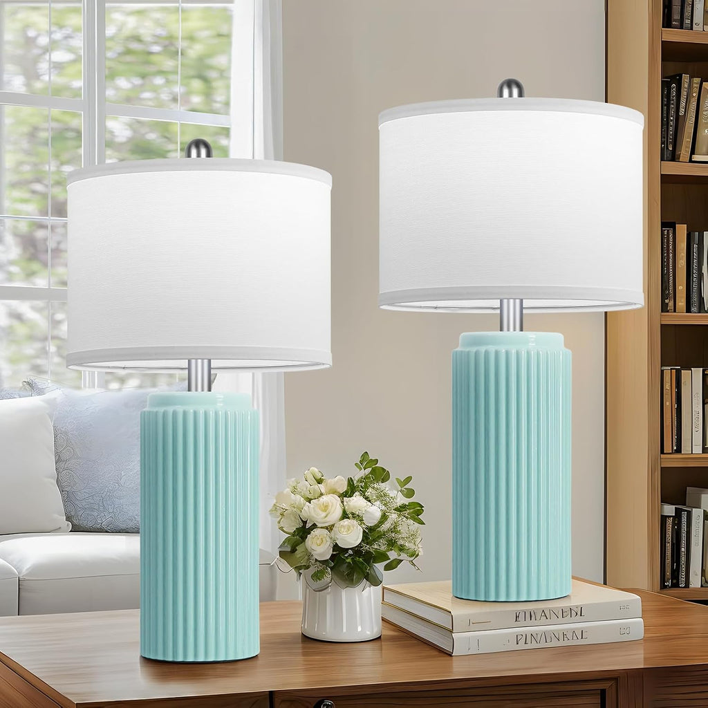 Tobusa 23.5’’ Light Green Coastal Table Lamps for Bedroom Set of 2, Modern Ceramic Nightstand Lamps for Living Room, Elegant Bedside Lamps…