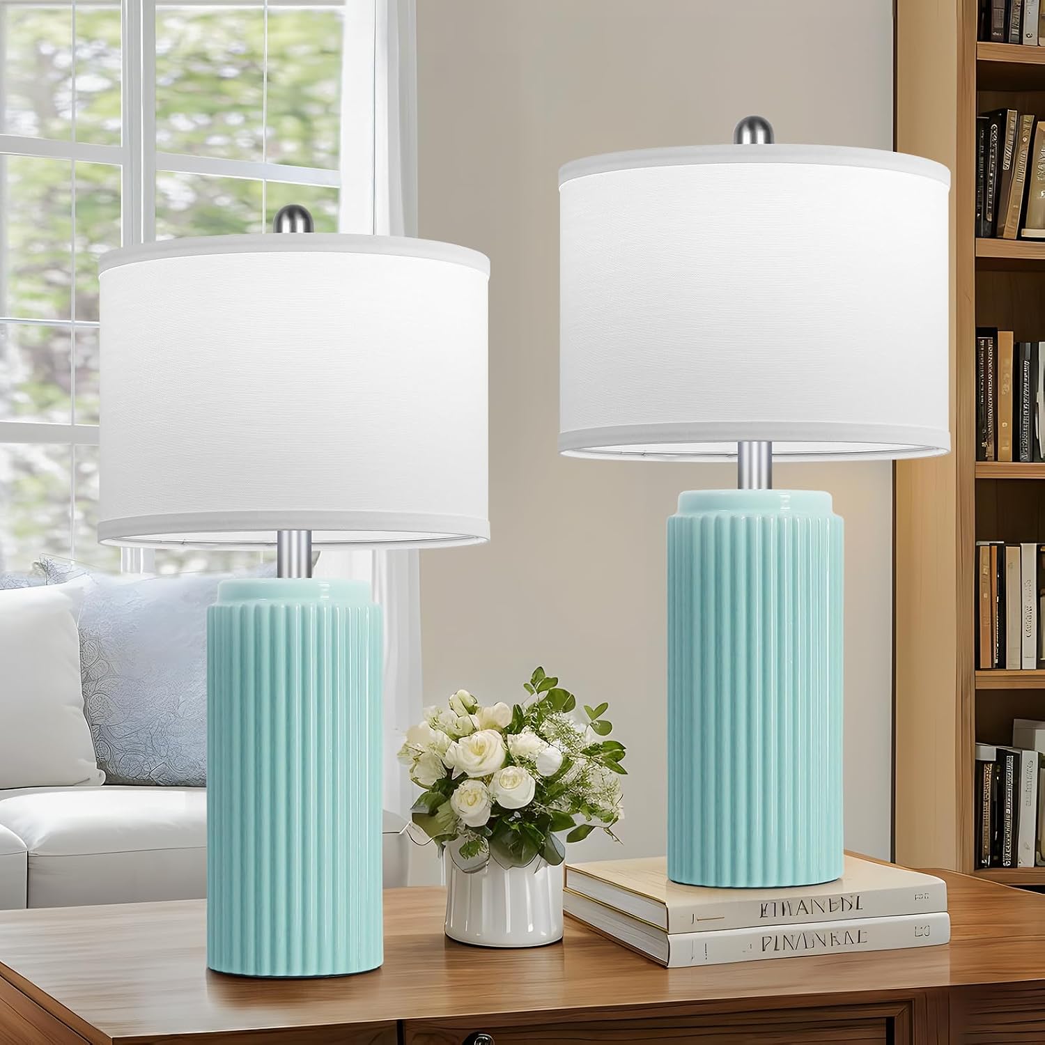 Tobusa 23.5’’ Light Green Coastal Table Lamps for Bedroom Set of 2, Modern Ceramic Nightstand Lamps for Living Room, Elegant Bedside Lamps…