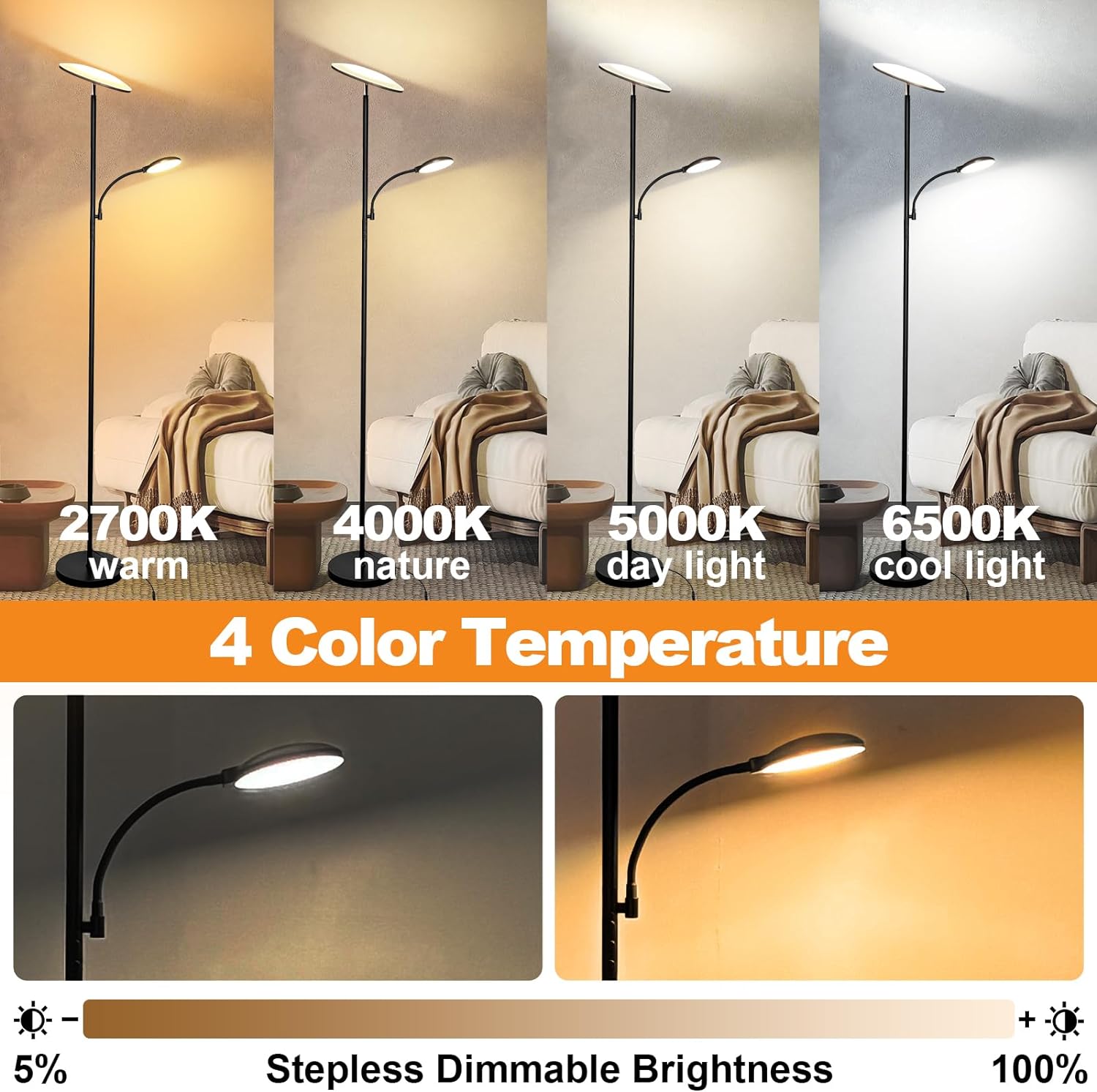 Marctronic Floor Lamps for Living Room, 44W/4500LM Super Bright 2 in 1 LED Floor Lamp with Remote, Stepless Dimmable, 69" Tall Standing Flo…