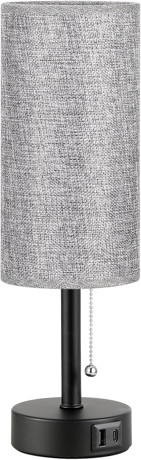 Grey Bedside Lamp for Bedroom Nightstand - Small Table Lamp with USB A + C Charging Port, 3 Color Temperatures Pull Chain Night Stand…