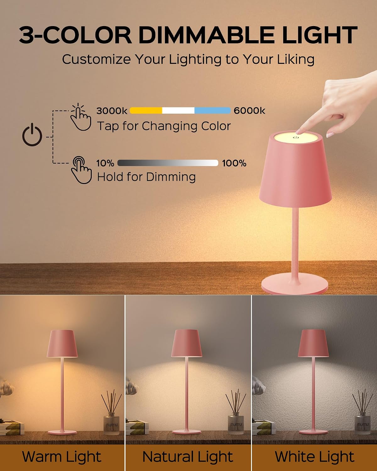 JACKYLED Cordless Table Lamps Rechargeable, 3 Adjustable Height, 5000mAh Battery Operated, 3 Colors Smooth Dimming, Portable LED…
