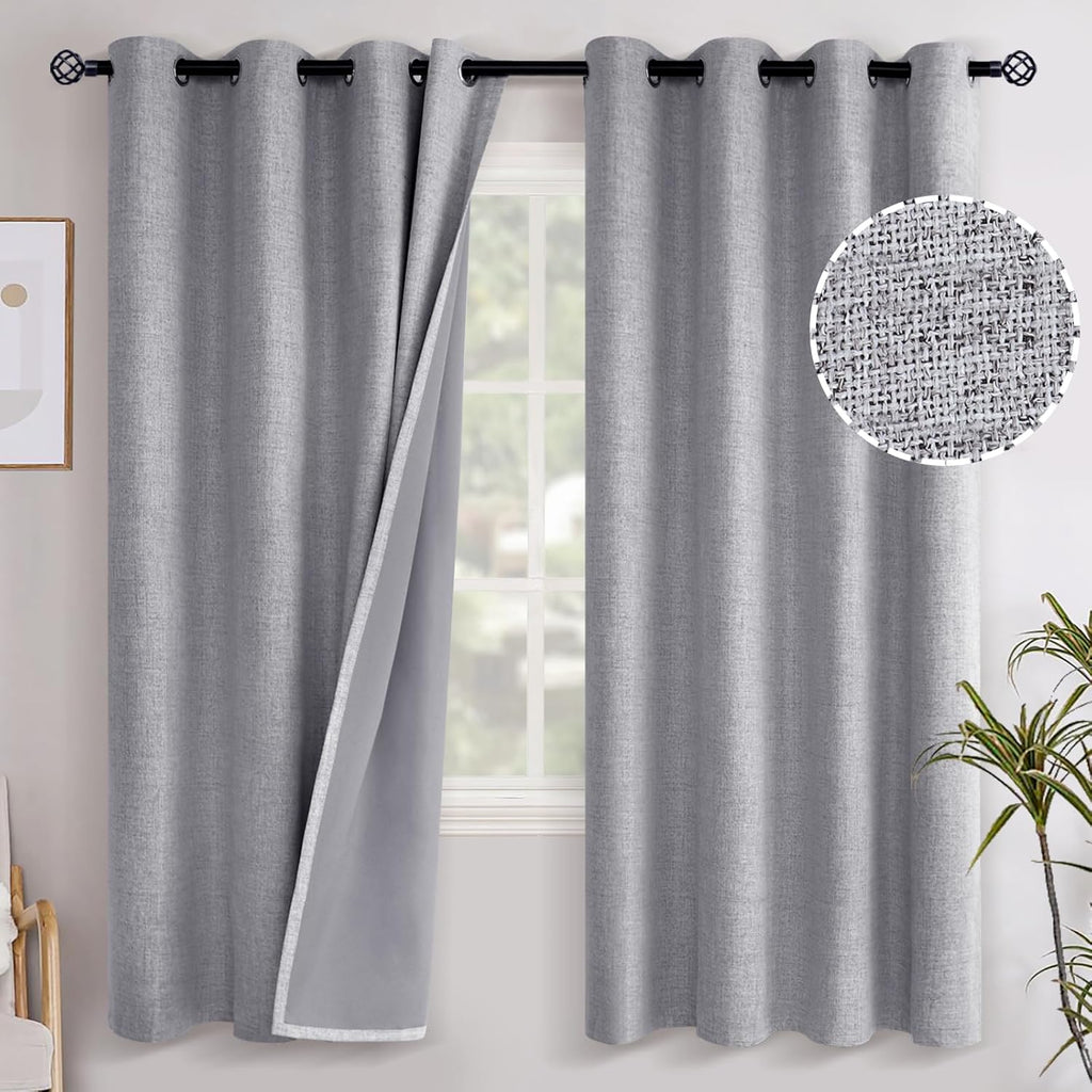 YoungsTex Grey Linen Blackout Curtains 72 Inches Length for Bedroom, Grommet Heat and Full Light Blocking Insulated Textured Window Drapes…