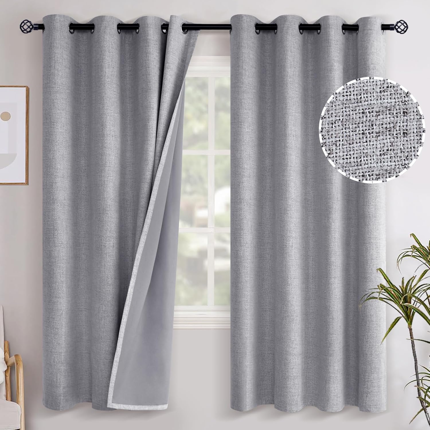 YoungsTex Grey Linen Blackout Curtains 72 Inches Length for Bedroom, Grommet Heat and Full Light Blocking Insulated Textured Window Drapes…