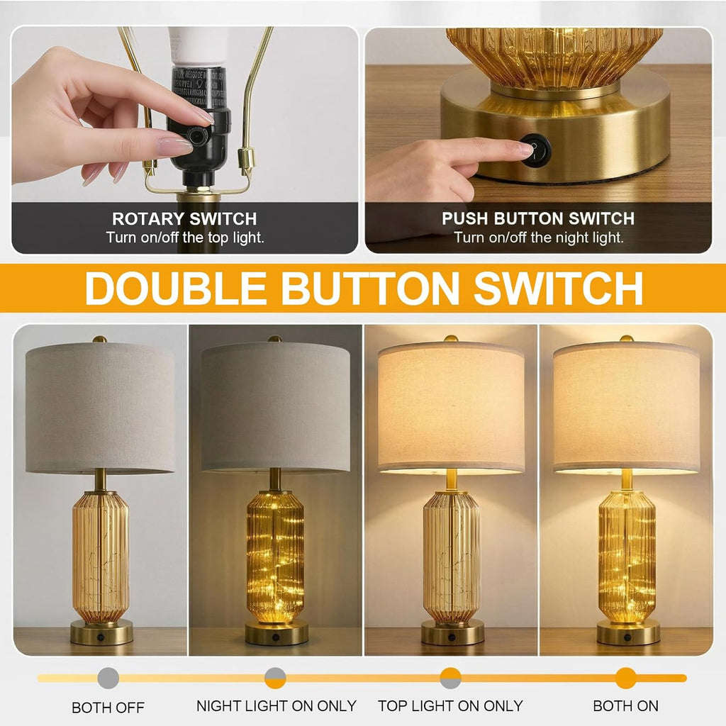Oneach 24.5" Bedside Table Lamps Set of 2, Amber Glass Nightstand Lamps with USB A+C Charging Ports and Night Light, Gold Modern Lamps…