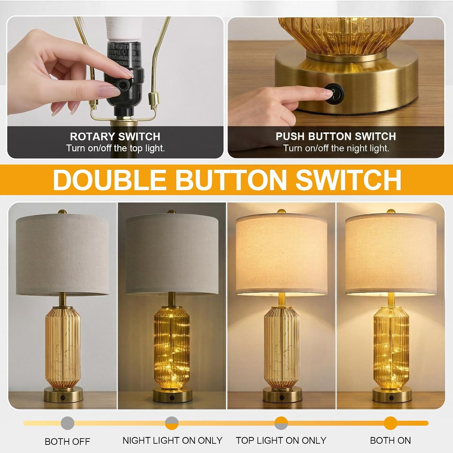 Oneach 24.5" Bedside Table Lamps Set of 2, Amber Glass Nightstand Lamps with USB A+C Charging Ports and Night Light, Gold Modern Lamps…