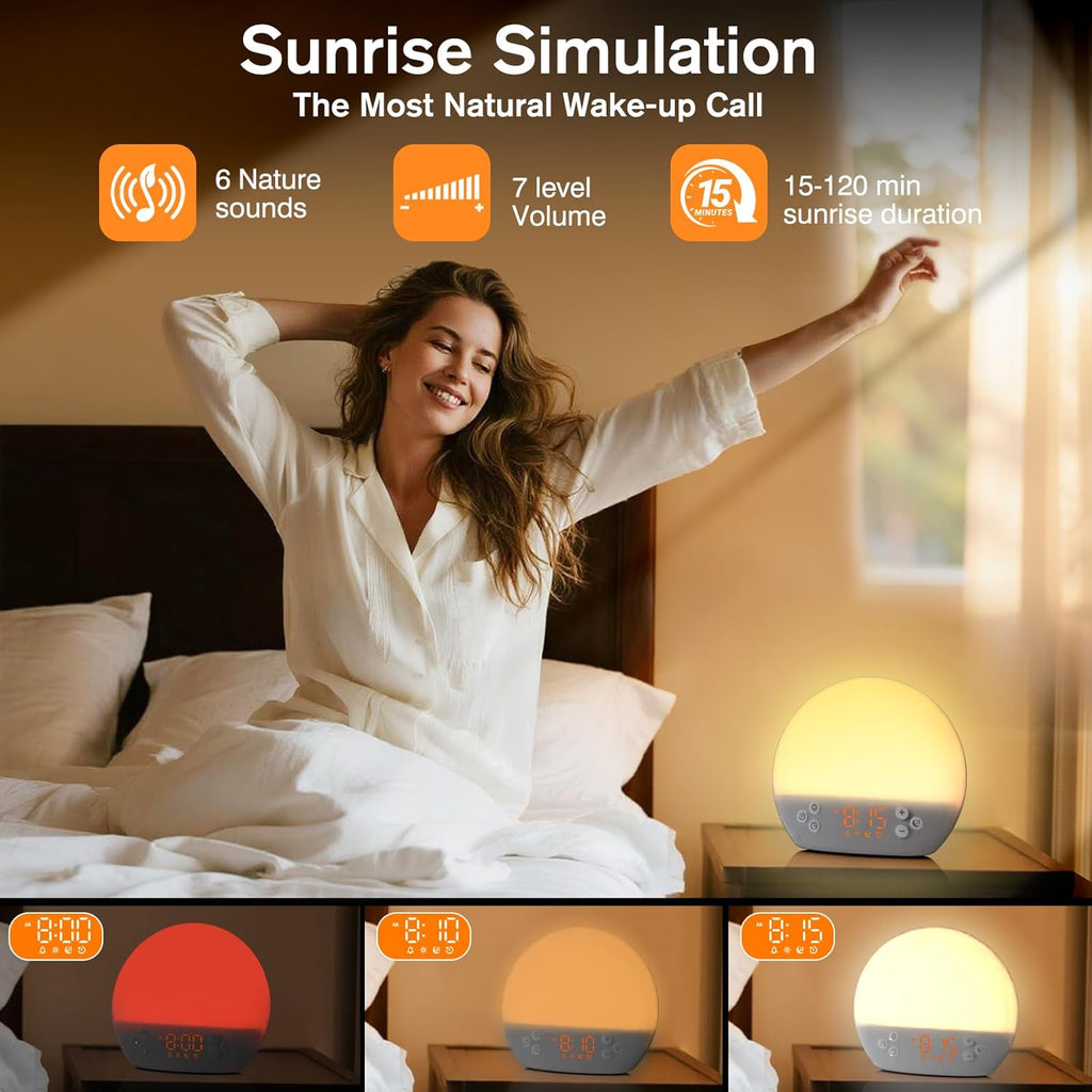 Wake up Light Sunrise Alarm Clock, Digital Alarm Clock Bedside Dimmable Night Light, White Noise Sound Machine 30 Soothing Sounds, Loud…