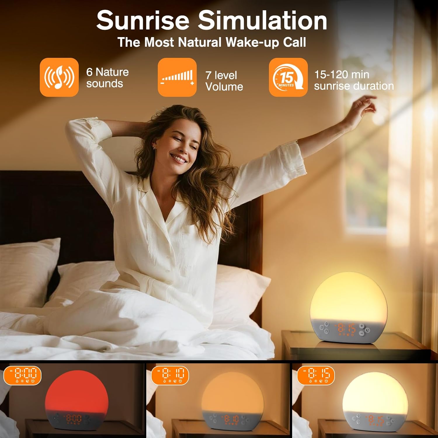 Wake up Light Sunrise Alarm Clock, Digital Alarm Clock Bedside Dimmable Night Light, White Noise Sound Machine 30 Soothing Sounds, Loud…