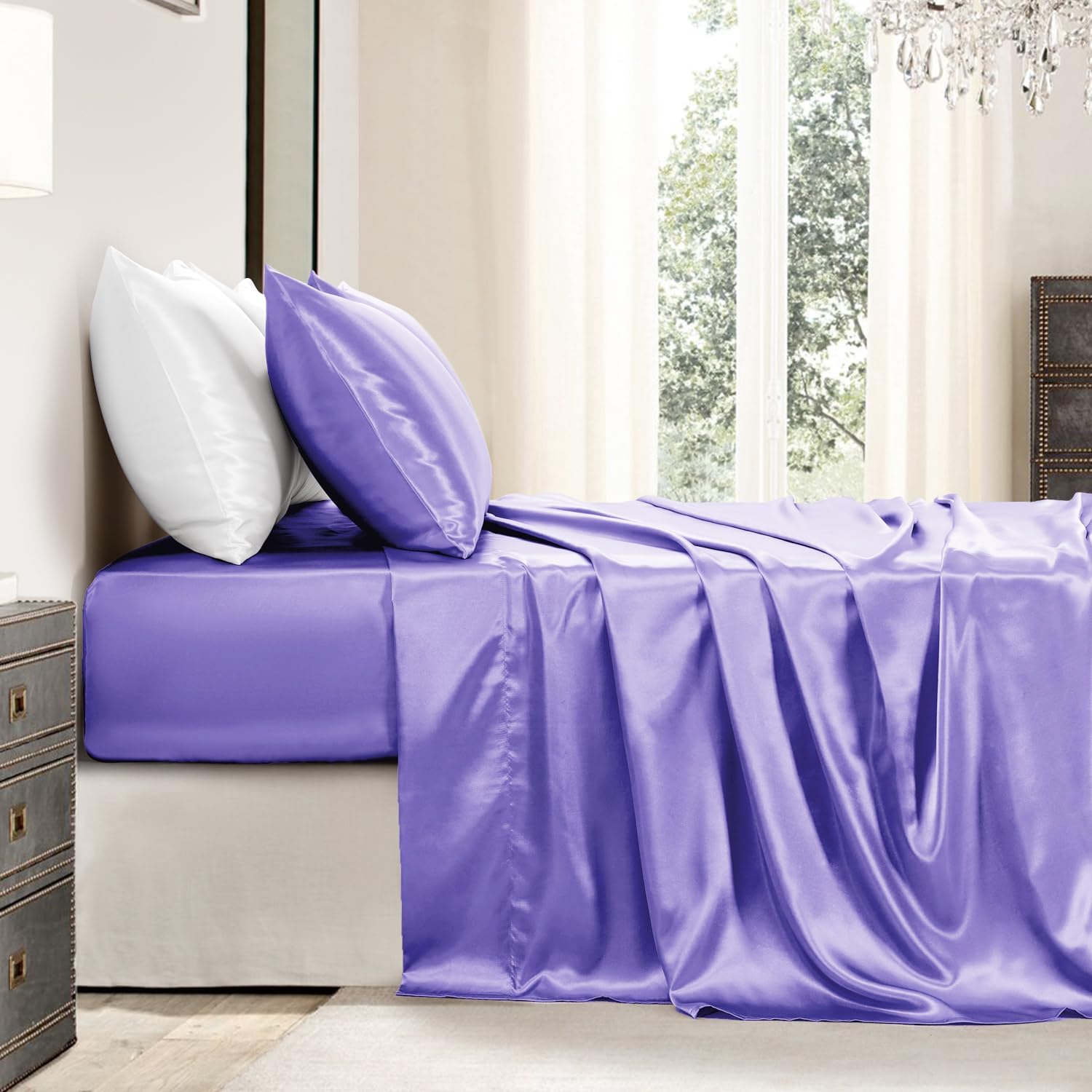 Golal Satin Sheets King Size - 4 Pieces Luxury Silky Soft Bed Sheets, Wrinkle-Free Lavender Satin Silk Sheet Set with 1 Deep Pocket Fitted…