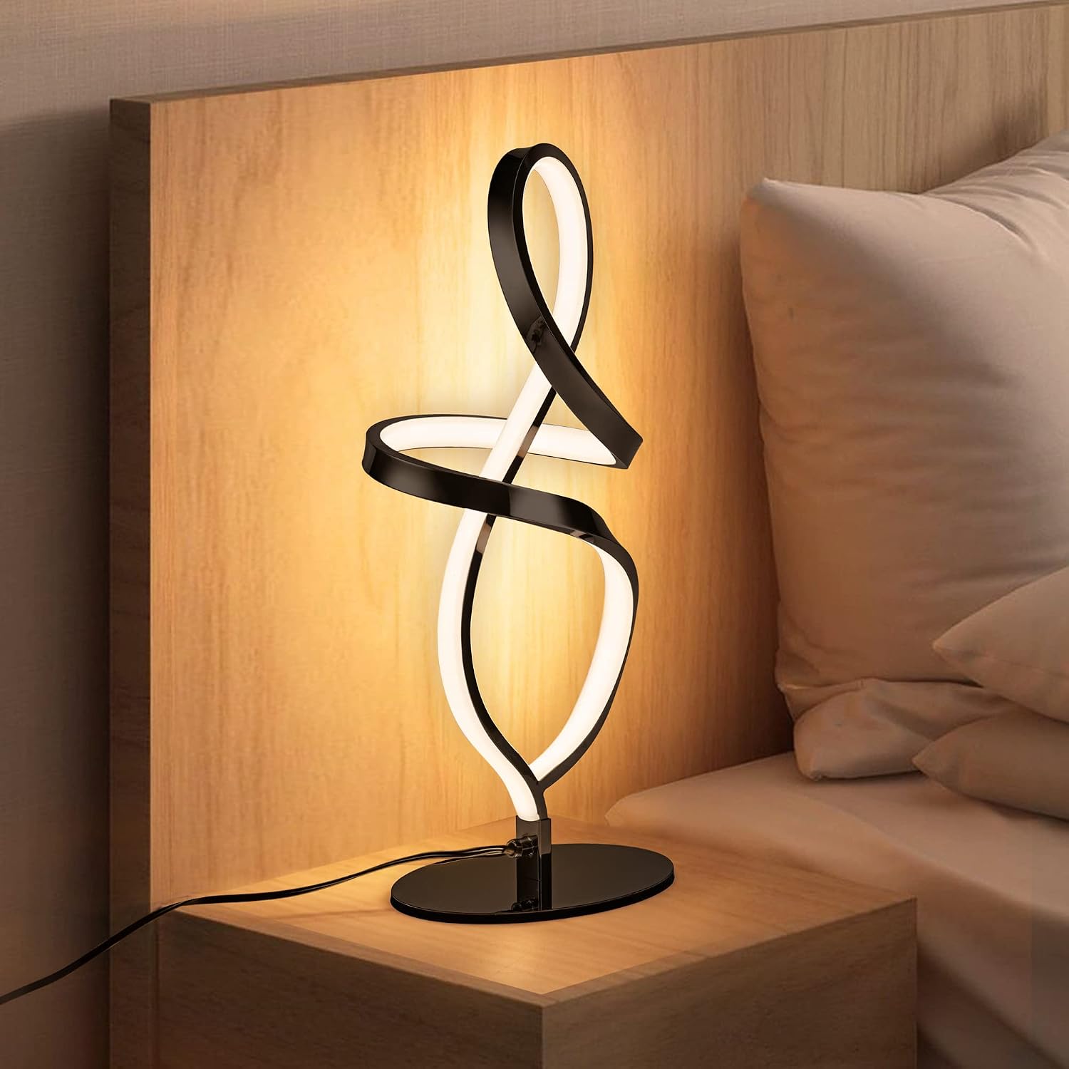 Mayful Modern Table Lamp with LED Unique Spiral Design, Small Nightstand Lamp with Stepless Dimming Switch, Black Bedside Lamps for…