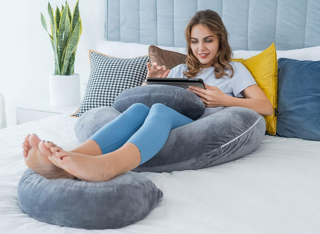 QUEEN ROSE Pregnancy Pillows - E Shaped Pregnancy Pillows for Sleeping, Detachable Body Pillow for Pregnant Side Sleeper, Grey Velvet…