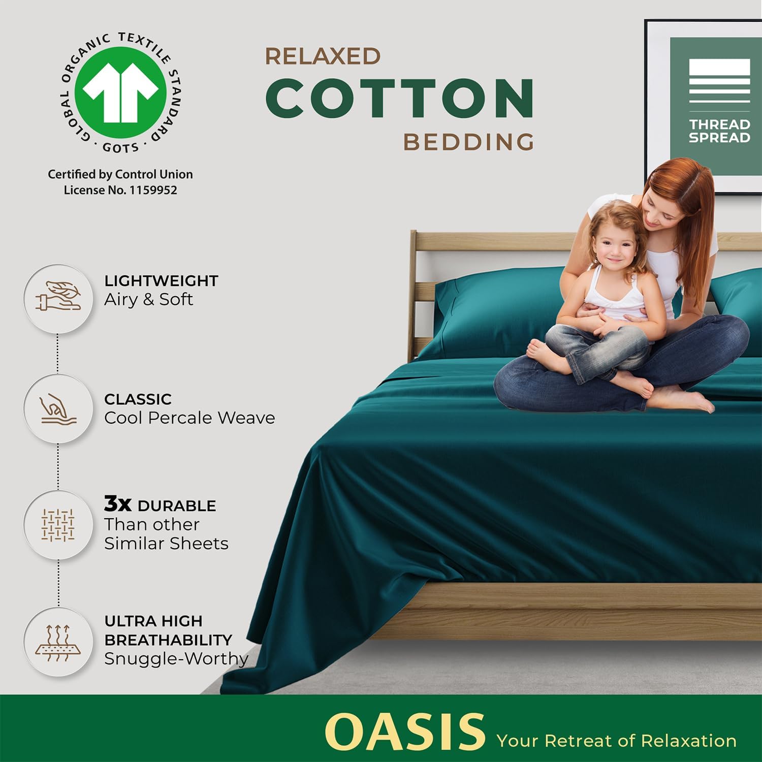 THREAD SPREAD 100% Organic Cotton Sheets King Size - 4 PC Organic Cotton King Size Percale Weave Sheet Set, Soft, Cooling, Crisp &…