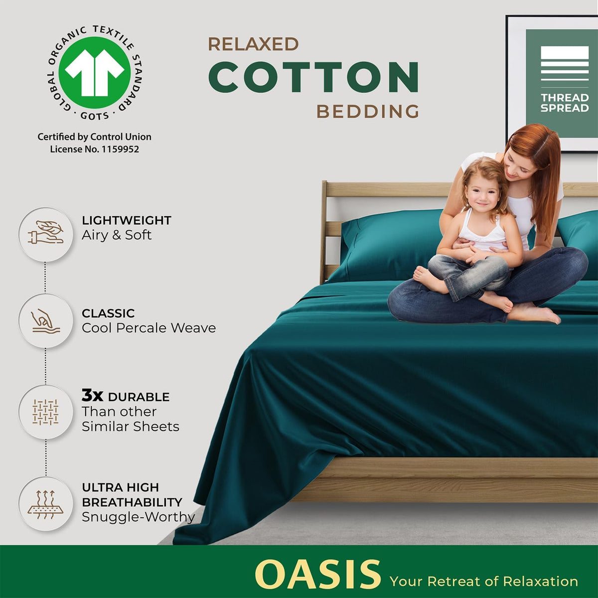 THREAD SPREAD 100% Organic Cotton Sheets California King Size - 4 PC Organic Cotton Cal King Size Percale Weave Sheet Set, Soft, Cooling…