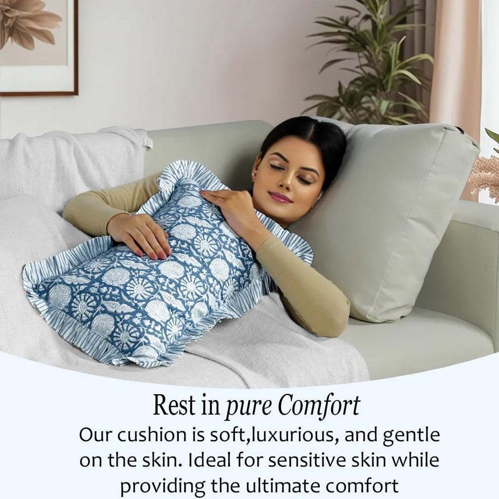 Cottonprintclub CPC Hand Block Print Blue Meadow Ruffle Sham Pillow Cover 20" x 12" inch Hidden Zipper Decorative Pillowcase for Couch, Bed…