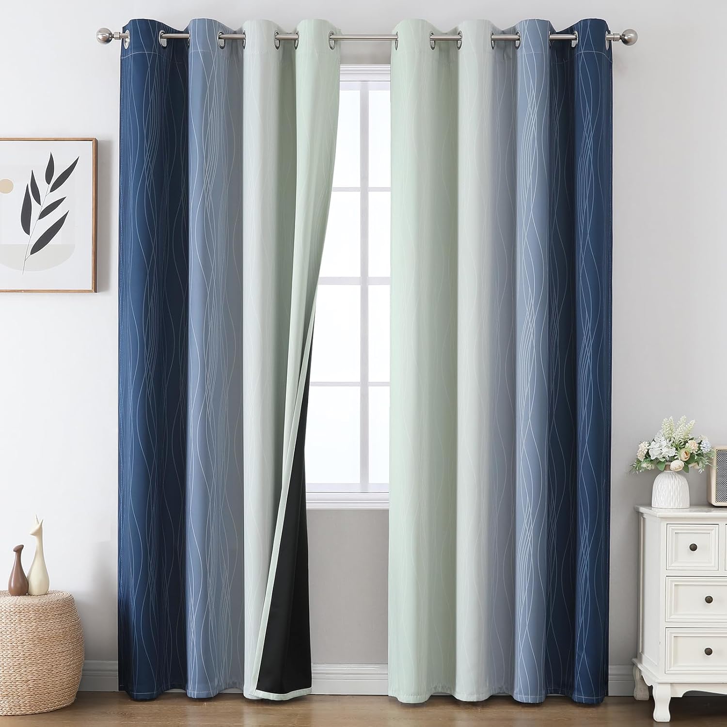 Estelartextiler Estelar Textiler Sage Green and Navy Blue Blackout Curtains for Sliding Door, Thermal Insulated Ombre Drapes 108 Inches Long…