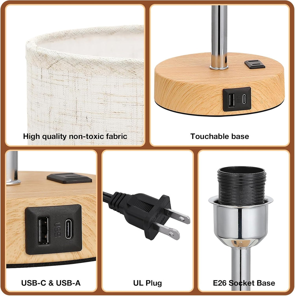 Dicoool Touch Bedside Table Lamp with USB - 3 Way Dimmable Wood Lamp for Bedroom Nightstand, Desk Lamp with Charging Station for Dorm…