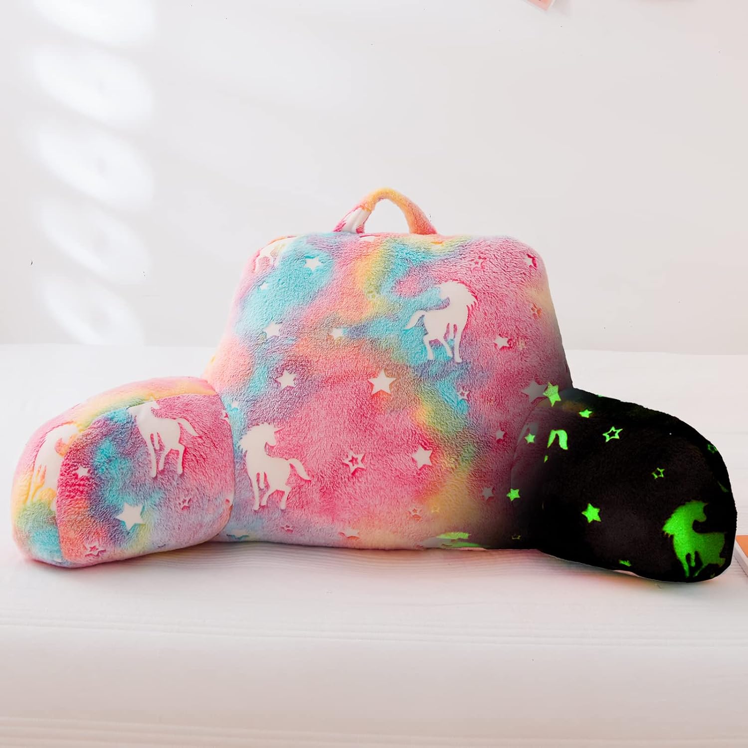 Aimuan Reading Pillow Glow in The Dark Bed Rest Wedge Kids Glow Backrest Pillow Unicorn Print with Arms Back Support for Sitting Up in…