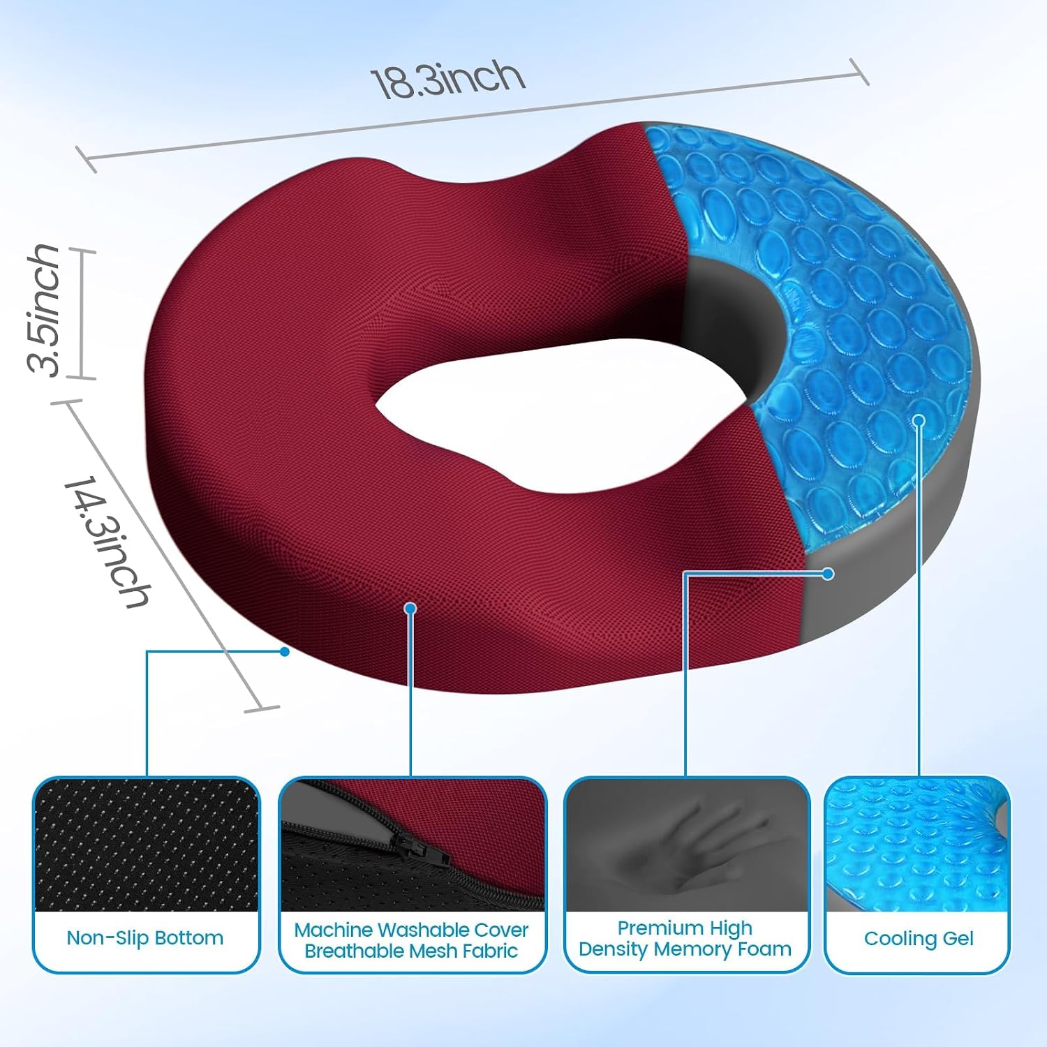 CushZone Donut Pillow Seat Cushion - Cooling Gel Donut Chair Cushions, Memory Foam Seat Cushion for Office & Home, Car Seat Cushion and But…