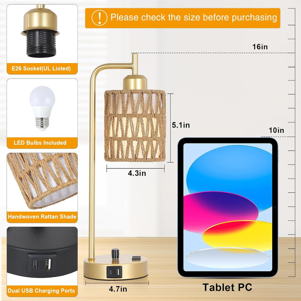 Gold Lamp for Bedroom, Boho Rattan Table Lamps Set of 2 with LED Bulbs, Bedside Lamps for Night Stands with Wicker Shade, USB Port and…