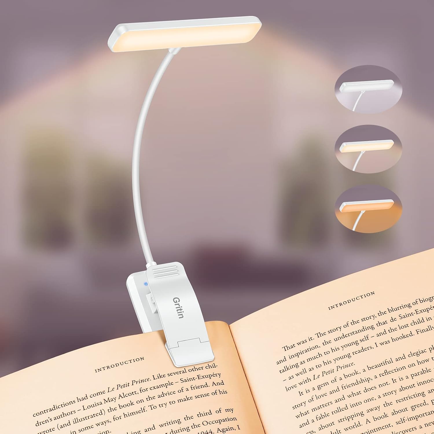 Gritin 19 LED Rechargeable Book Light for Reading in Bed with Memory Function- Eye Caring 3 Color Temperatures, Stepless Dimming…
