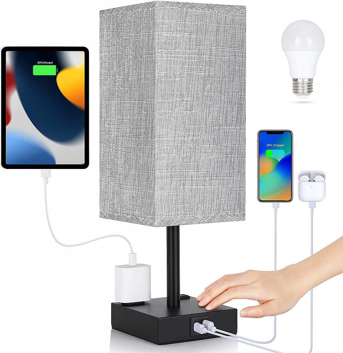 Bedside Table Lamp for Bedroom - Touch Small Lamp with USB C+A Charging Ports & AC Outlets, 3 Way Dimmable Nightstand Light for Living…