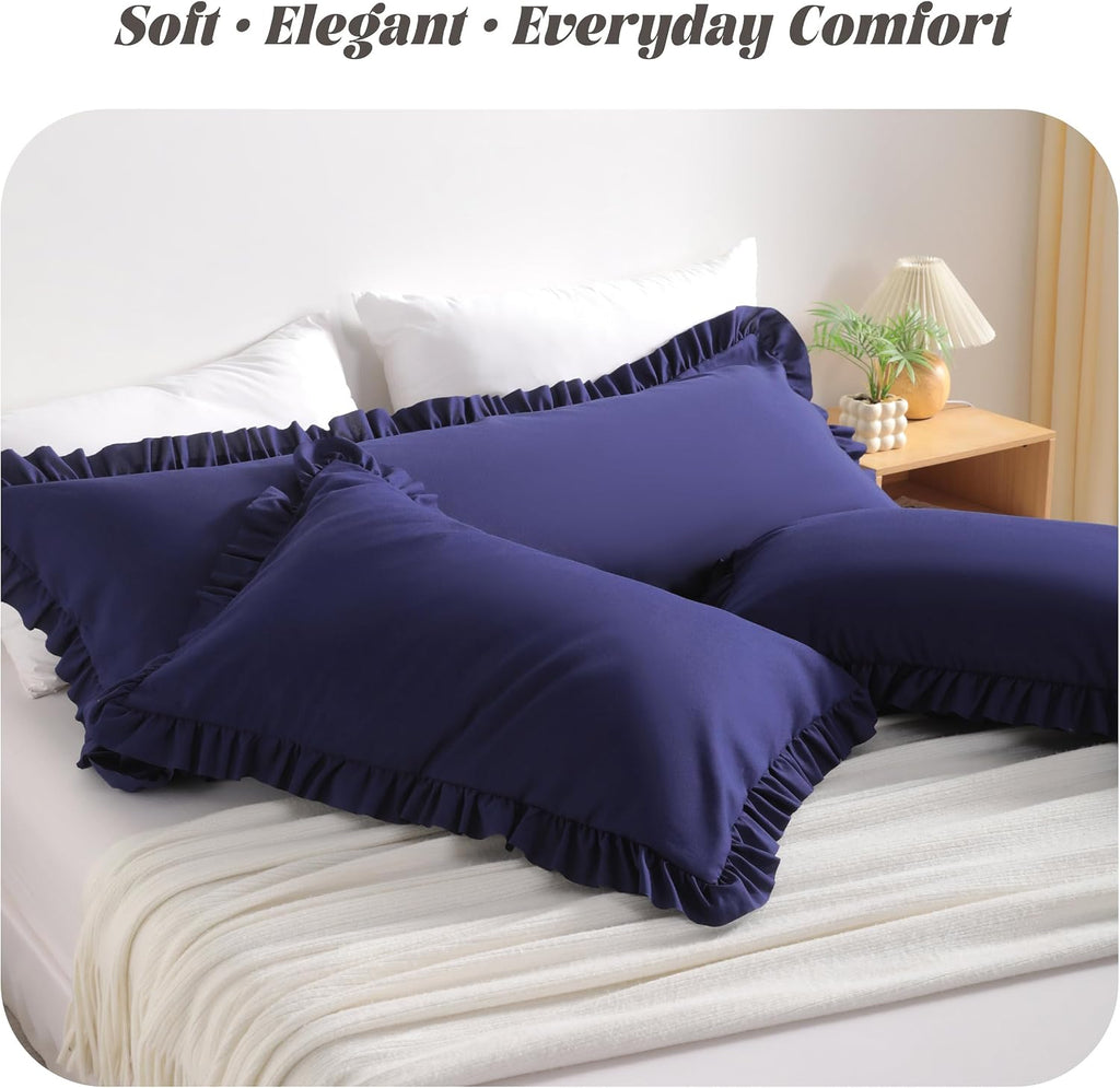 Bedsum Ruffled Pillow Shams Queen 20x30 Set of 2, Brushed Microfiber Pillowcases with Envelope Closure, Soft Wrinkle-Resistant, Navy Blue B…