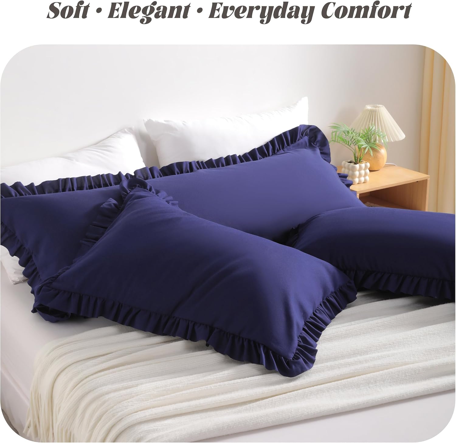 Bedsum Ruffled Pillow Shams Queen 20x30 Set of 2, Brushed Microfiber Pillowcases with Envelope Closure, Soft Wrinkle-Resistant, Navy Blue B…