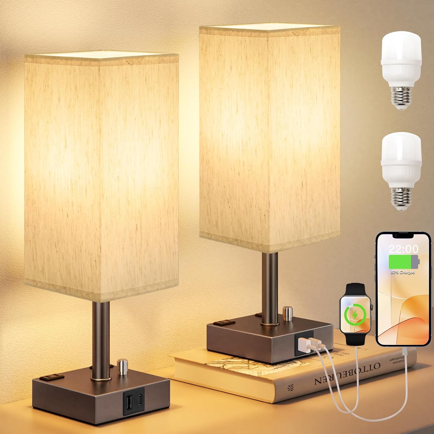 aooshine Brown Fully Dimmable Nightstand Lamps Set of 2 - Table Bedside Lamp with USB C+A Charging Ports & 2 AC Outlets, Square Lamp Sets…