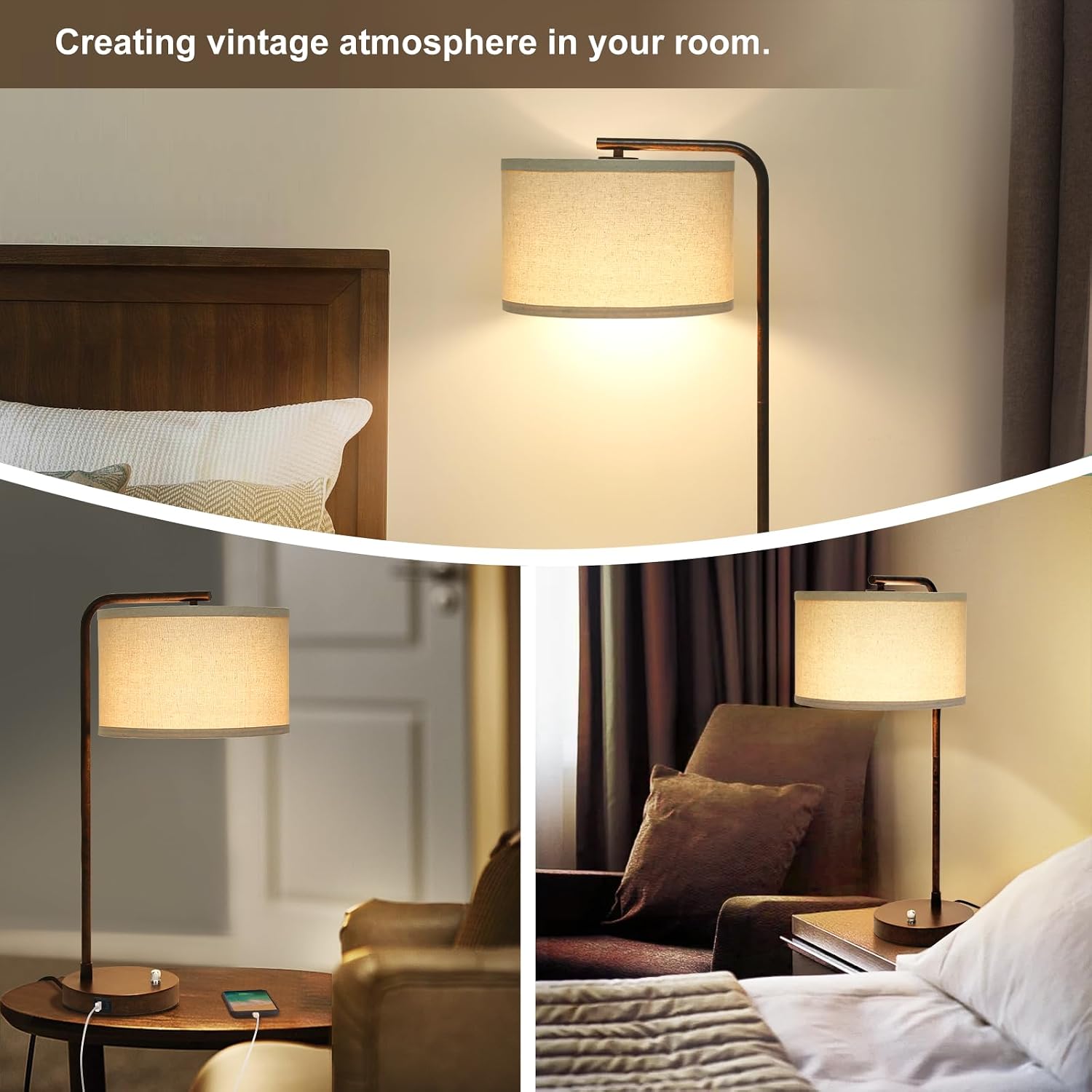 Vintage Table Lamp, Fully Dimmable Table Lamp with C+A USB Charging Ports, Farmhouse Bedside Lamp Nightstand Light, Tall Reading Desk…