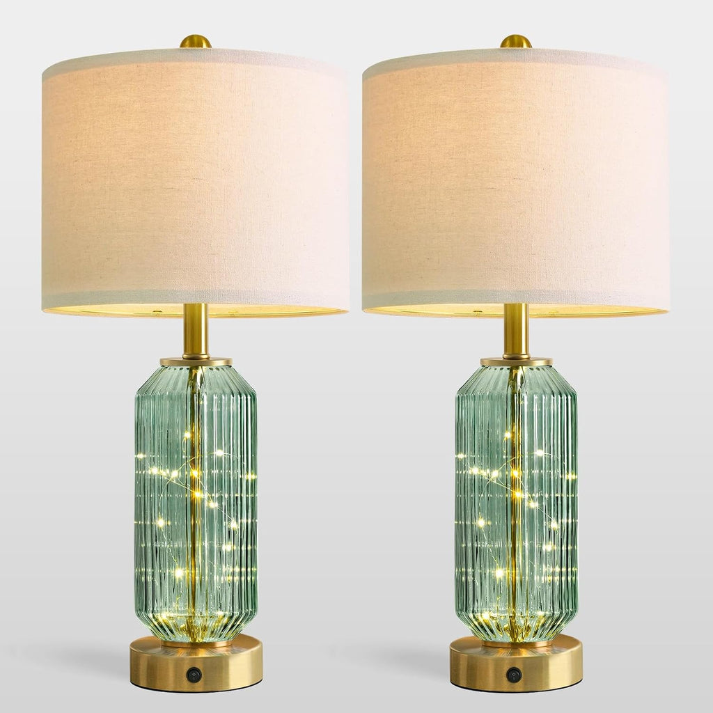 Oneach 24.5" Bedside Table Lamps Set of 2, Green Glass Nightstand Lamps with USB A+C Charging Ports and Night Light, Gold Modern Lamps…