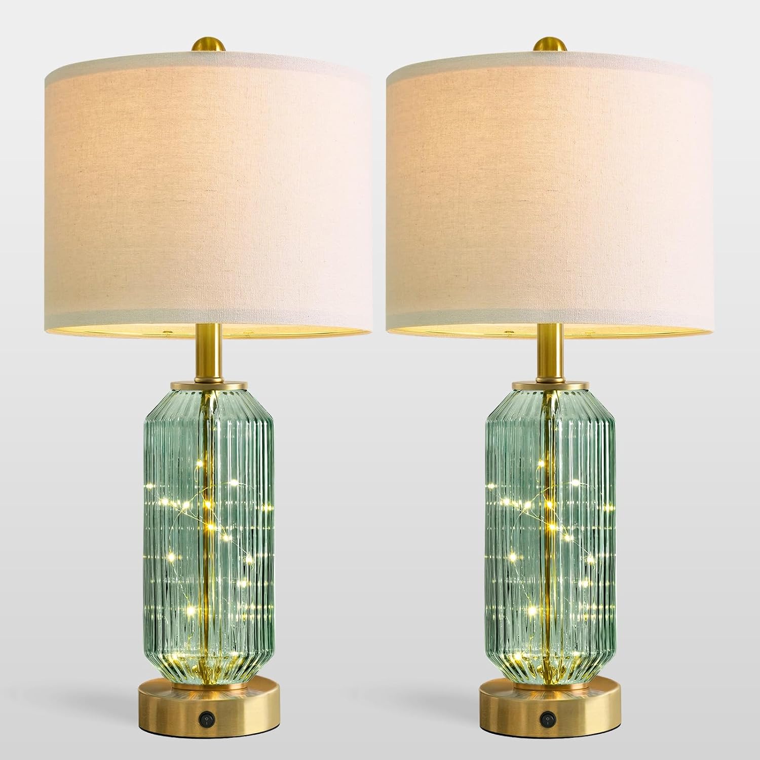 Oneach 24.5" Bedside Table Lamps Set of 2, Green Glass Nightstand Lamps with USB A+C Charging Ports and Night Light, Gold Modern Lamps…