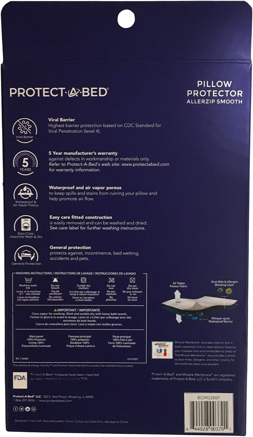 Protect-A-Bed AllerZip Pillow Protector, Zippered, Waterproof, 2-pack, King Size Cotton White