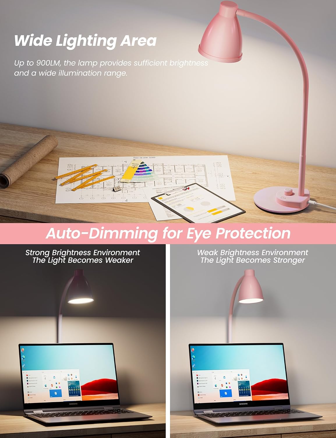 BOHON Cute Desk Lamp with USB Charging Port, Pink Lamp 3 Color Modes Dimmable LED Reading Lamp, Flexible Neck Auto Dimming Table Task…