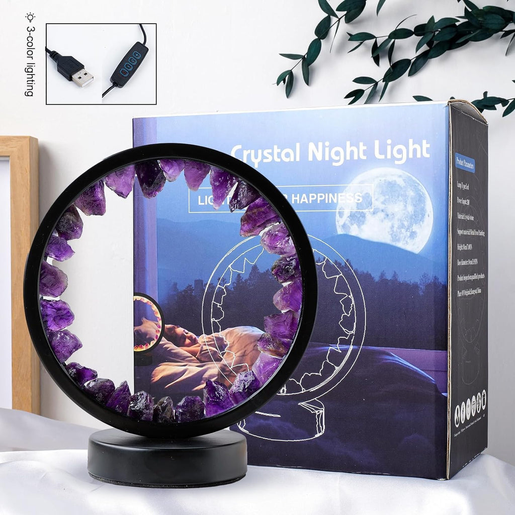 Runyangshi Amethyst Night Lamp 8.6" Natural Healing Crystal Bedside Lamp USB Port 3 Colours Dimming Mode Bedroom Lamp Suitable Night…