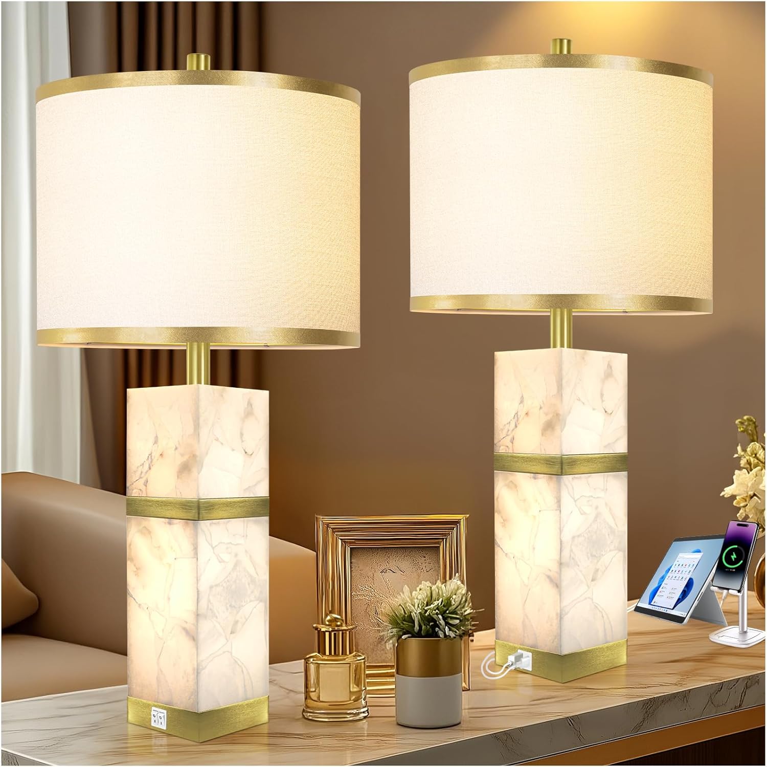 Natural Alabaster Table Lamps Set of 2 - Table Lamp with Night Light for Bedroom, Nightstand Lamps with USB Ports, Bedside Lamps with Linen…