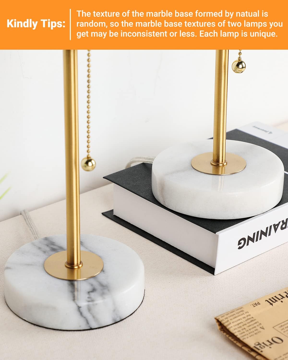 JUNNAI 18.5" Desk Lamp & Table Lamp Set of 2, Skinny Bedside Lamp with Marble Base, Pull Chain Switch, 3-Way Dimmable, Linen Fabric…