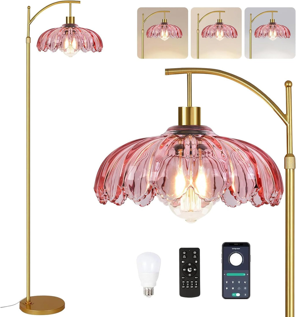 QIYIZM Pink Floor Lamp for Living Room, Bedroom, Gold Dimmable Standing Lamp with Remote, Mid Century Modern Brass Tall Lamp Boho Floor…