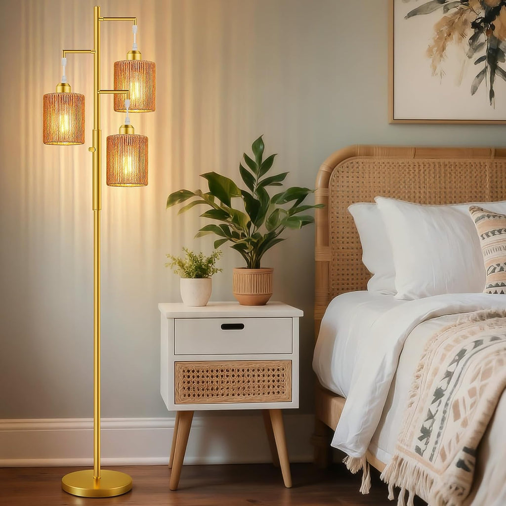 Hotsonic 72" Tall Boho Rattan Style Floor Lamp with Hand-Woven Paper Cord Shade, Dimmable Industrial Tree Standing Lamp for Living Room…