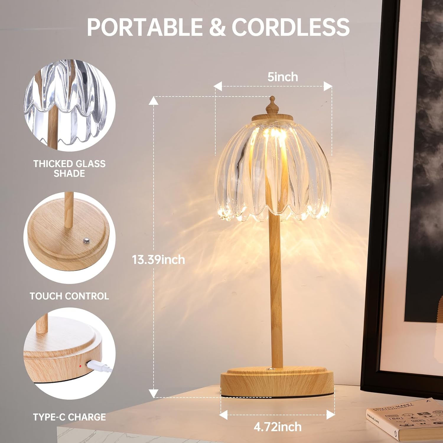 Shenmoyl Tulip Table Lamp with 5200mAh Battery & Touch Control, Small Cordless Table Lamp with 3 Colors, Rechargeable Battery Operated…