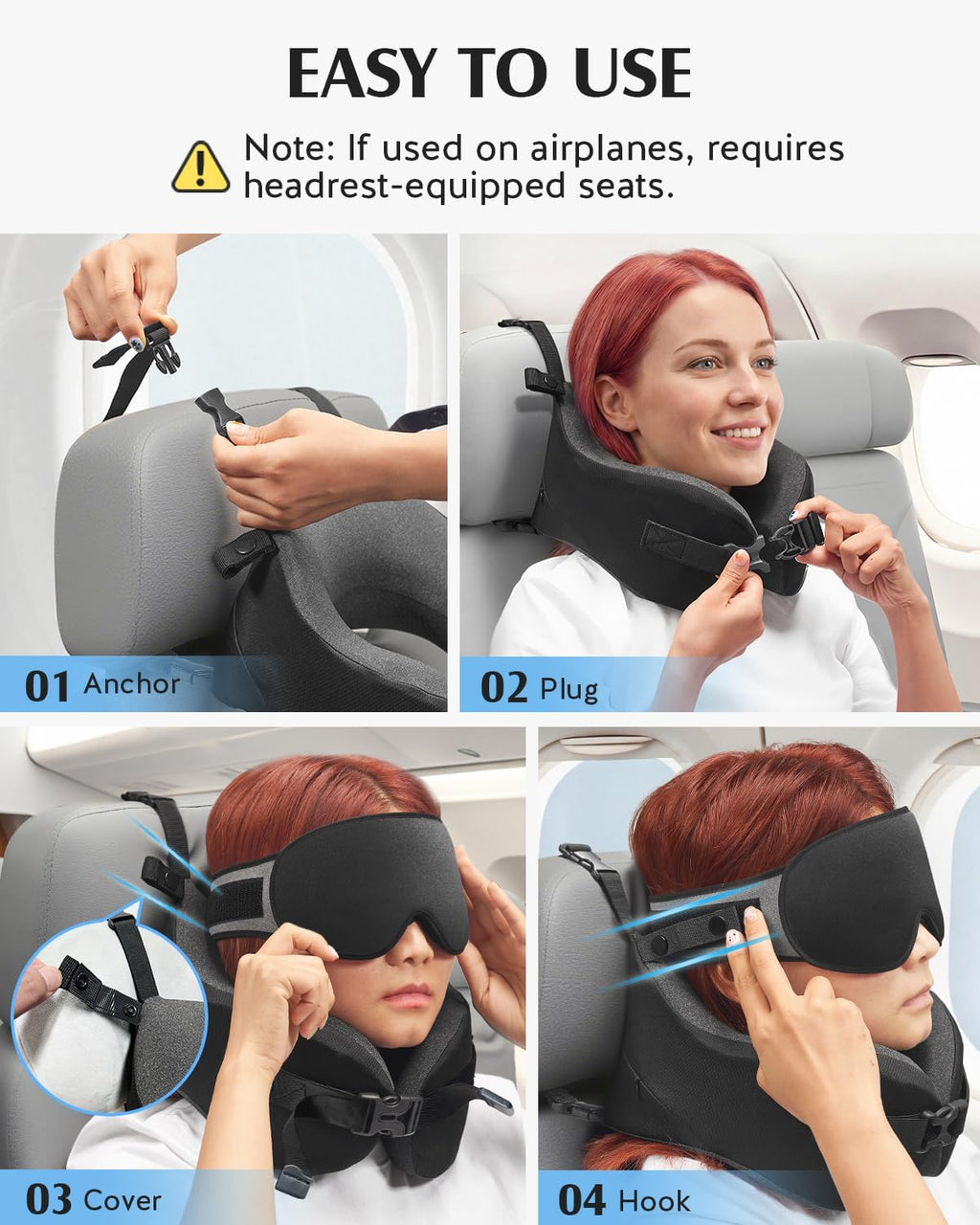 YFONG Travel Pillow for Long Flight Airplane, Head Strap Combo with 3D Contoured Sleep Eye Mask, Neck Pillow for Travel Essential, 360°…