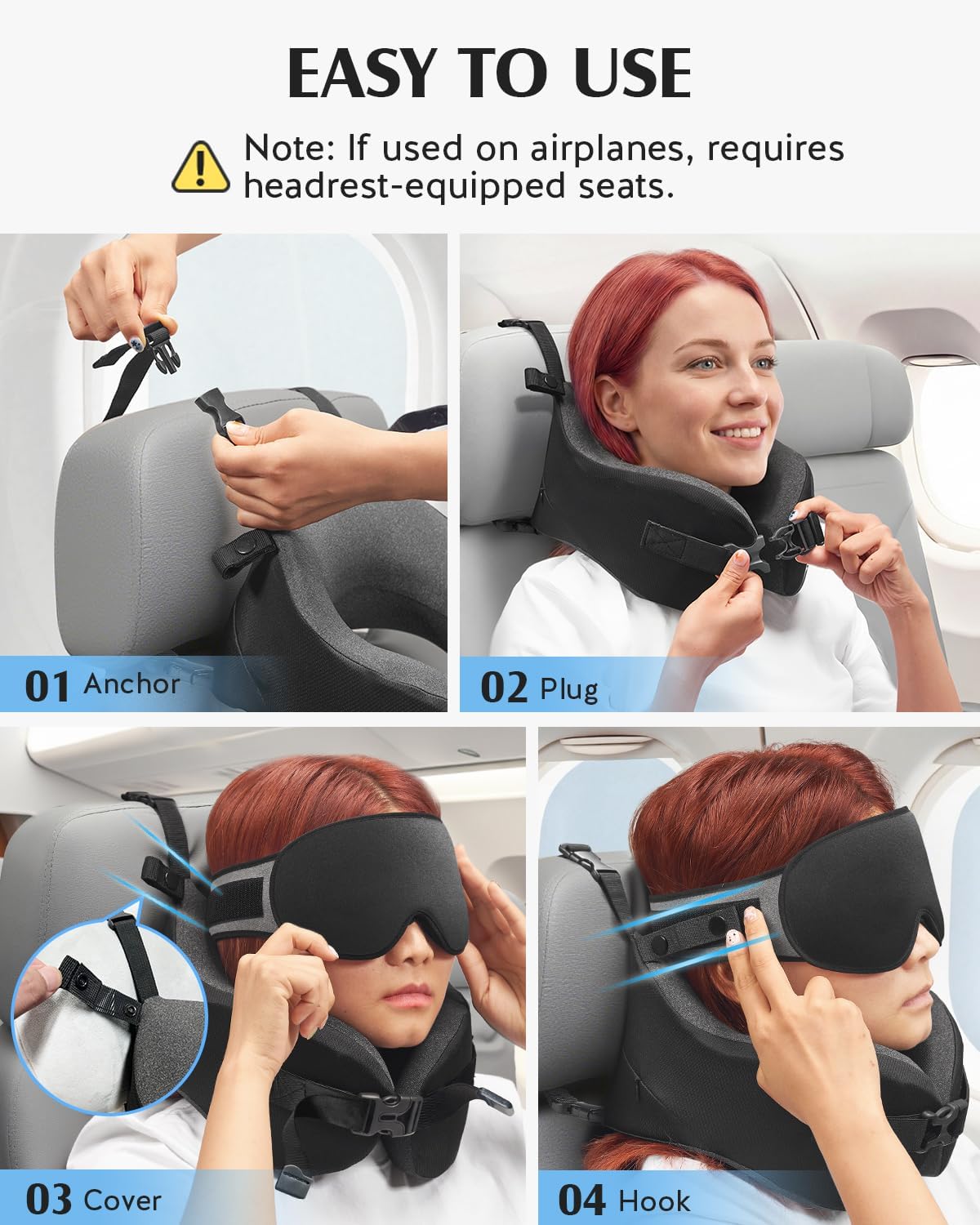 YFONG Travel Pillow for Long Flight Airplane, Head Strap Combo with 3D Contoured Sleep Eye Mask, Neck Pillow for Travel Essential, 360°…
